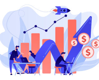 Sales managers with laptops and growth chart. Sales growth and manager, accounting, sales promotion and operations concept on white background. Pink coral blue vector isolated illustration