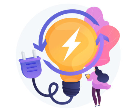 Electric charge, electricity generation, light production. Female PC user with electrical appliance cartoon character. Device charging. Vector isolated concept metaphor illustration.